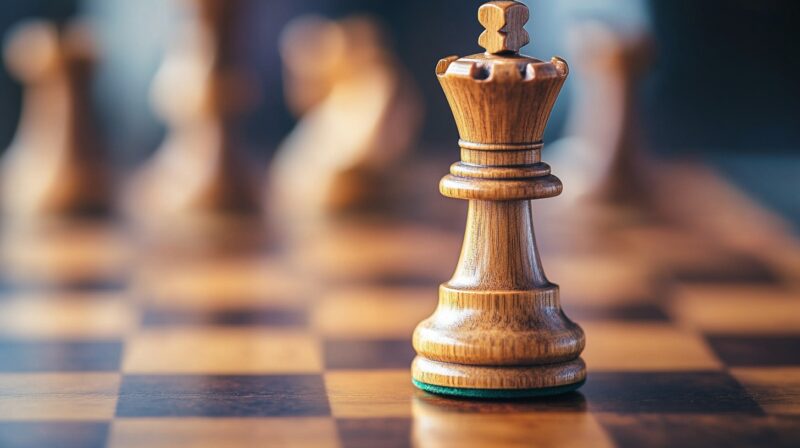 A close-up image of a wooden chess king piece standing on a chessboard, with blurred chess pieces in the background. The focus on the king emphasizes strategy and the importance of key moves in the game, symbolizing leadership and decision-making.